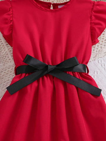 Fashionable Red Flying Sleeve Dress With Vest For Toddler Girls, Suitable For Summer And Daily Wear
