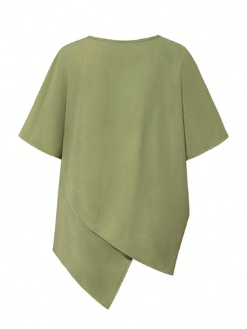 Fashionable Round Neck Asymmetrical Crossed Women's Casual Pullover Shirt