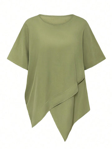 Fashionable Round Neck Asymmetrical Crossed Women's Casual Pullover Shirt