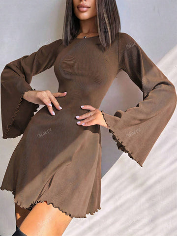 Sexy Round Neck Solid Color Bell Sleeve Hollow Out Tie Up A-Line Mini Dress