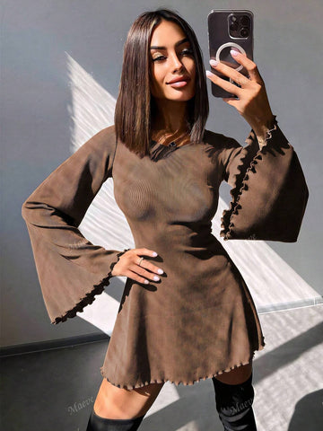 Sexy Round Neck Solid Color Bell Sleeve Hollow Out Tie Up A-Line Mini Dress