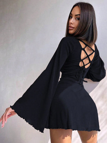 Fashionable Sexy Round Neck Solid Color Bell Sleeve Hollow Tie Up A-Line Mini Dress