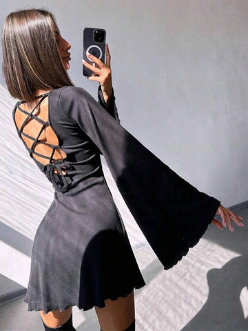 Fashionable Sexy Round Neck Solid Color Bell Sleeve Hollow Tie Up A-Line Mini Dress