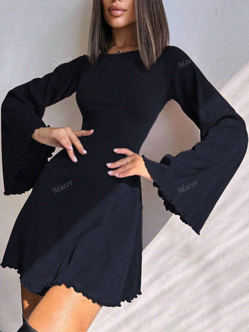 Fashionable Sexy Round Neck Solid Color Bell Sleeve Hollow Tie Up A-Line Mini Dress