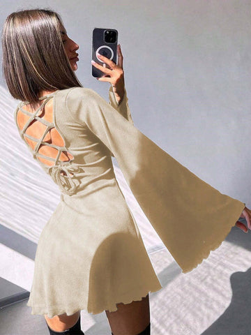 Fashionable Sexy Round Neck Solid Color Flare Sleeve Hollow-Out Tie-Up A-Line Mini Dress