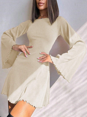 Fashionable Sexy Round Neck Solid Color Flare Sleeve Hollow-Out Tie-Up A-Line Mini Dress