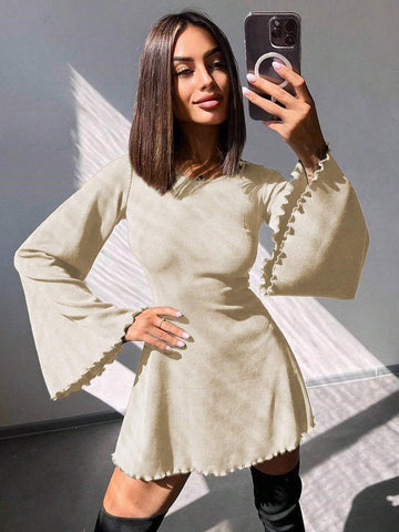 Fashionable Sexy Round Neck Solid Color Flare Sleeve Hollow-Out Tie-Up A-Line Mini Dress