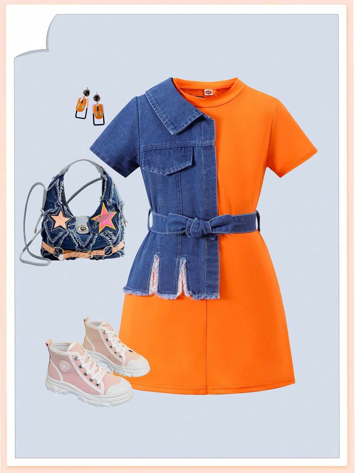 Fashionable Short Sleeve Patchwork Dress With Waist Belt For Little Girls, Summer