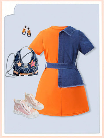 Fashionable Short Sleeve Patchwork Dress With Waist Belt For Little Girls, Summer