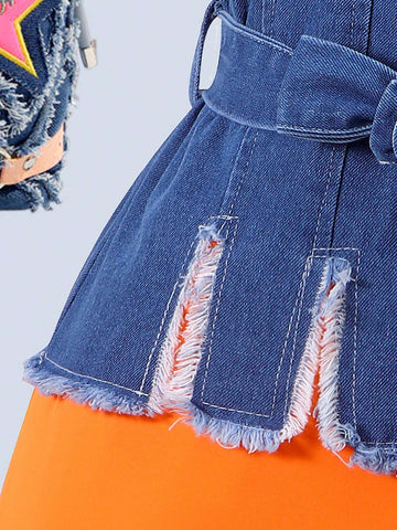 Fashionable Short Sleeve Patchwork Dress With Waist Belt For Little Girls, Summer