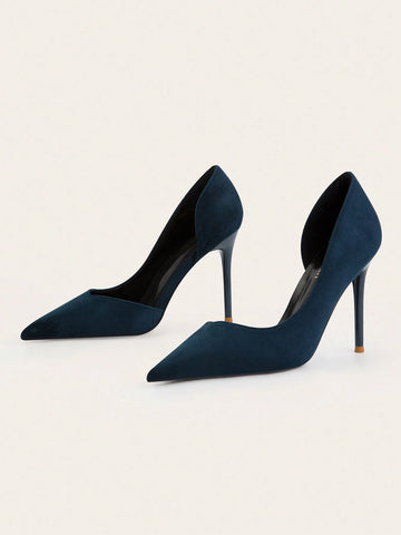 Fashionable Simple Stiletto Thin High Heels Shallow Mouth Pointed Toe Sexy Side Hollow Out Blue Women's Pumps