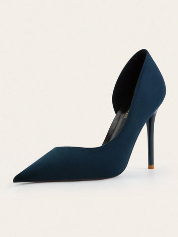 Fashionable Simple Stiletto Thin High Heels Shallow Mouth Pointed Toe Sexy Side Hollow Out Blue Women's Pumps