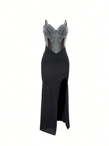 Fashionable Sleeveless V-Neck Rhinestone Embellished Dress, Leg Revealing Cut