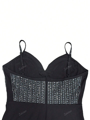 Fashionable Sleeveless V-Neck Rhinestone Embellished Dress, Leg Revealing Cut