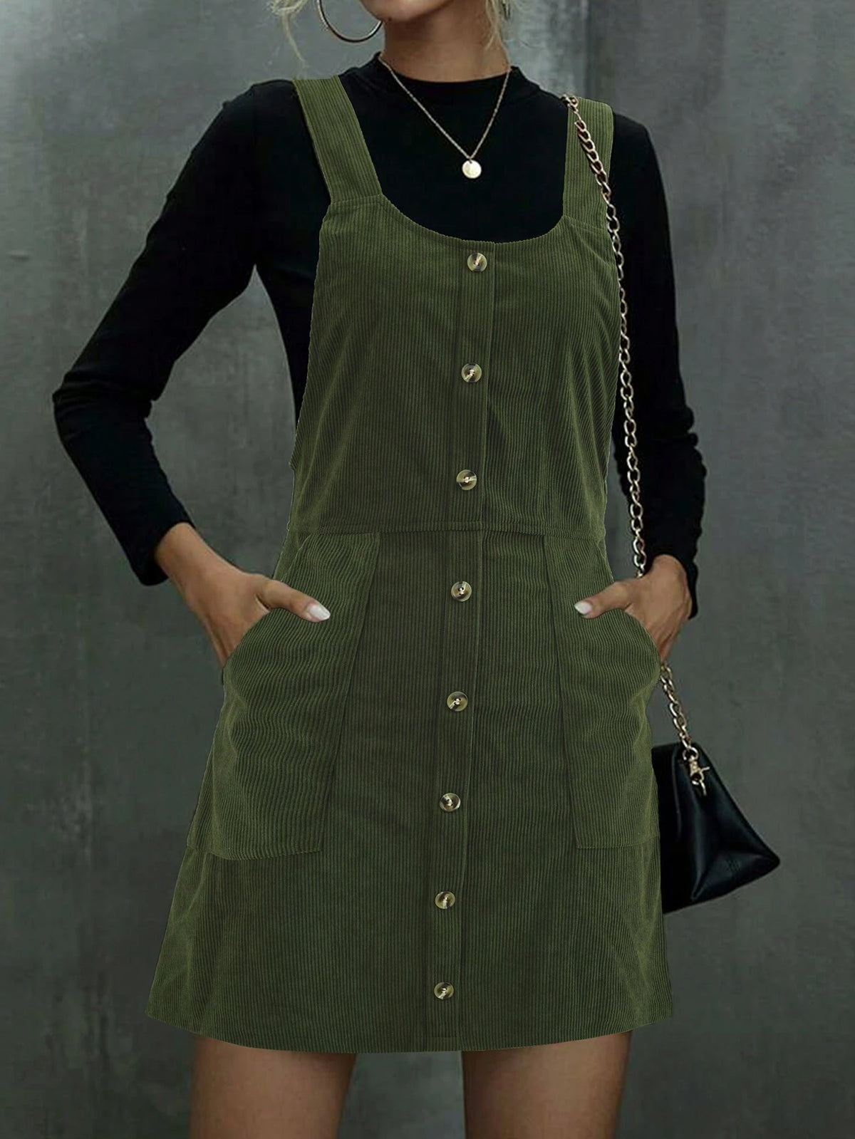Fashionable Solid Color A-Line Button Suspender Zipper Sleeveless Casual Corduroy Dress