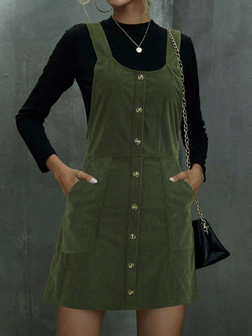 Fashionable Solid Color A-Line Button Suspender Zipper Sleeveless Casual Corduroy Dress