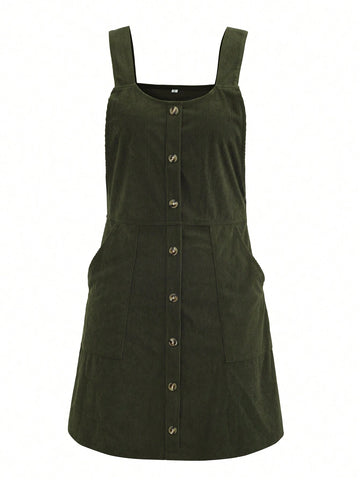 Fashionable Solid Color A-Line Button Suspender Zipper Sleeveless Casual Corduroy Dress