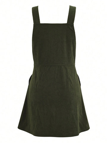 Fashionable Solid Color A-Line Button Suspender Zipper Sleeveless Casual Corduroy Dress