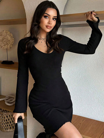 Fashionable Solid Color Ribbed Long Sleeve Waist Fitted Dress
