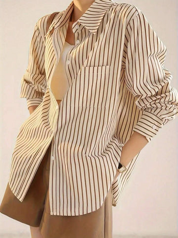 Fashionable Striped Print Front Button Casual Long Sleeve Shirt