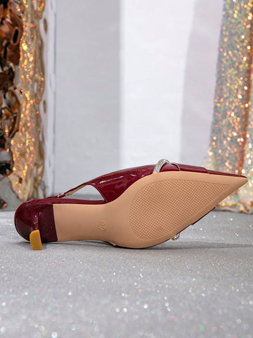 Fashionable Versatile Bordeaux Red Rhinestone Buckle Backless Pointed Toe Work Flats