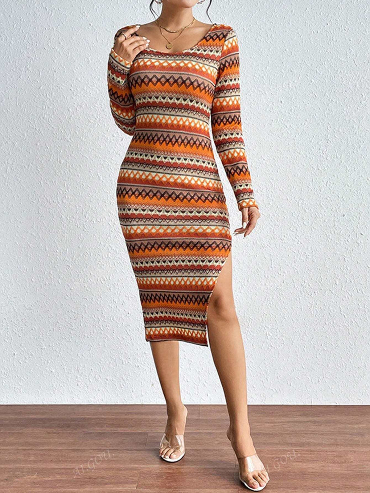 Fashionable Wavy Colorful Striped Bodycon Long Sleeve Dress