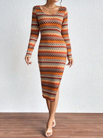 Fashionable Wavy Colorful Striped Bodycon Long Sleeve Dress