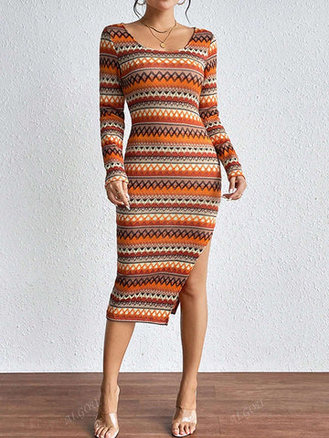 Fashionable Wavy Colorful Striped Bodycon Long Sleeve Dress