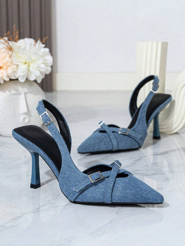 Fashionable Women High Heel Denim Cloth Strap Backstrap Stiletto Sandals For Wedding Season