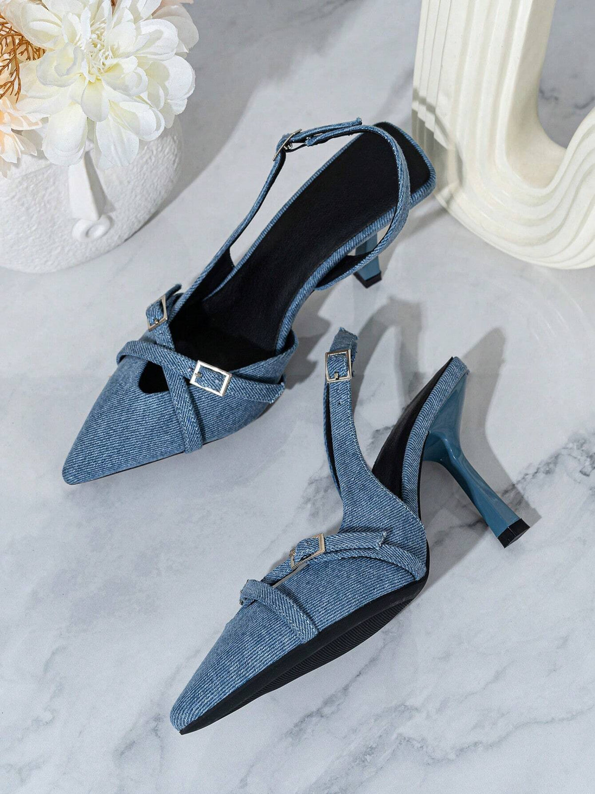 Fashionable Women High Heel Denim Cloth Strap Backstrap Stiletto Sandals For Wedding Season