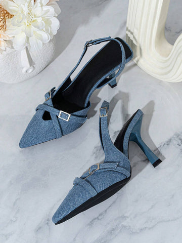 Fashionable Women High Heel Denim Cloth Strap Backstrap Stiletto Sandals For Wedding Season