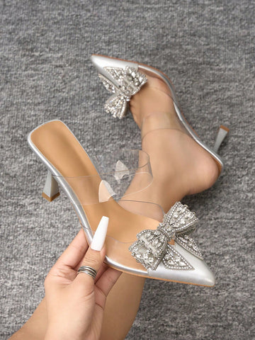 Fashionable Women Silver Rhinestone Bowknot High Heel Shoes, Sexy Pointed Toe Transparent Evening Party Styl