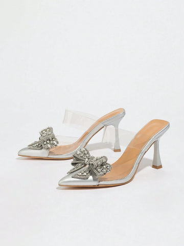 Fashionable Women Silver Rhinestone Bowknot High Heel Shoes, Sexy Pointed Toe Transparent Evening Party Styl