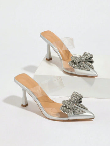 Fashionable Women Silver Rhinestone Bowknot High Heel Shoes, Sexy Pointed Toe Transparent Evening Party Styl