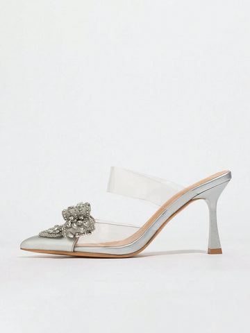 Fashionable Women Silver Rhinestone Bowknot High Heel Shoes, Sexy Pointed Toe Transparent Evening Party Styl