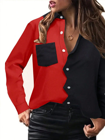 Ladies' Polka Dot Printed Button Up Shirt, Casual And Fashionable Long Sleeved Lapel Shirt Suitable For Spring, Summer And Autumn