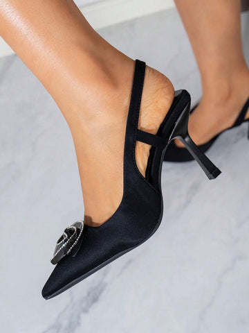 Fashionable Women's Black Square High-Heeled Pointed-Toe Shoe With Flower Decoration And Rhinestone