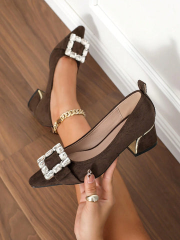 Fashionable Women's Brown Work Slip-On Mule Shoes, Glass Decor Elegant Office Commuting