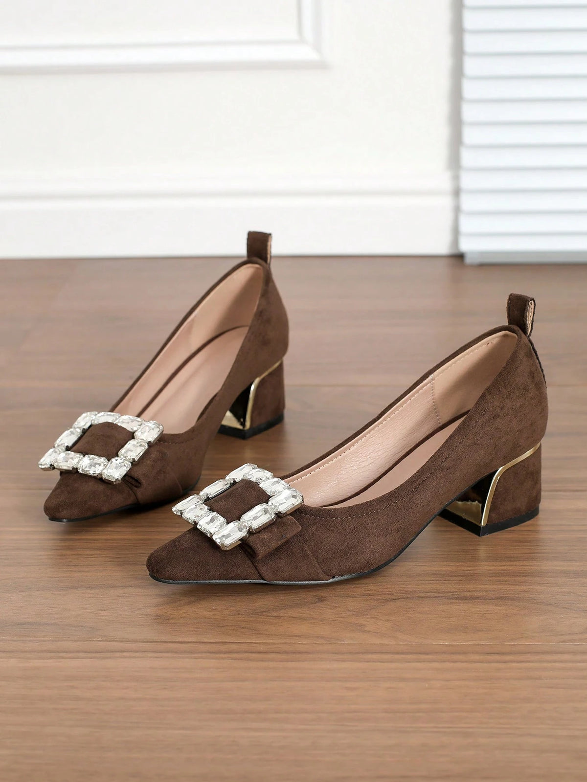 Fashionable Women's Brown Work Slip-On Mule Shoes, Glass Decor Elegant Office Commuting