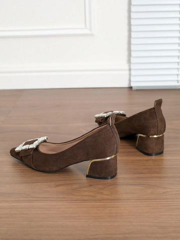 Fashionable Women's Brown Work Slip-On Mule Shoes, Glass Decor Elegant Office Commuting