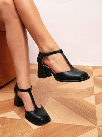 Fashionable Women's Elegant Minimalist Square Toe Chunky Heel Slip-On Classic Party High Heels