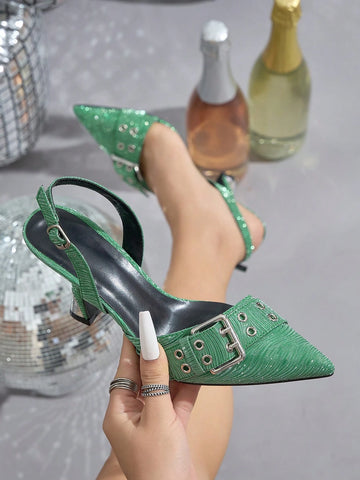 Fashionable Women's Pointed Toe Green Contrast Color Electroplated High Heel Shoes, Rhinestone Ripple