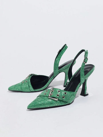 Fashionable Women's Pointed Toe Green Contrast Color Electroplated High Heel Shoes, Rhinestone Ripple