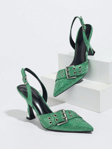 Fashionable Women's Pointed Toe Green Contrast Color Electroplated High Heel Shoes, Rhinestone Ripple