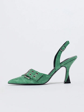 Fashionable Women's Pointed Toe Green Contrast Color Electroplated High Heel Shoes, Rhinestone Ripple