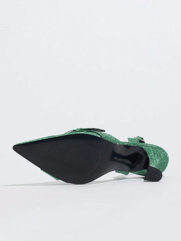 Fashionable Women's Pointed Toe Green Contrast Color Electroplated High Heel Shoes, Rhinestone Ripple