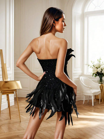 Fashionable Women's Strapless Feather Sequin Design Sexy Dress