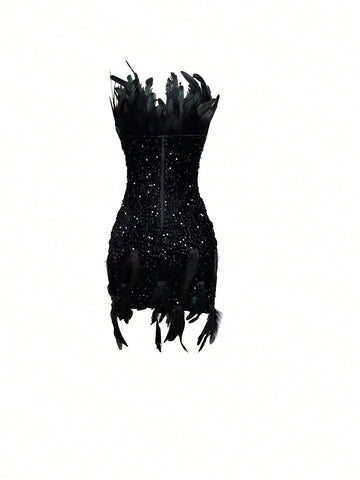 Fashionable Women's Strapless Feather Sequin Design Sexy Dress