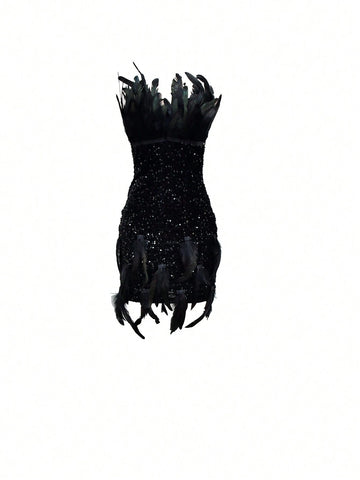 Fashionable Women's Strapless Feather Sequin Design Sexy Dress