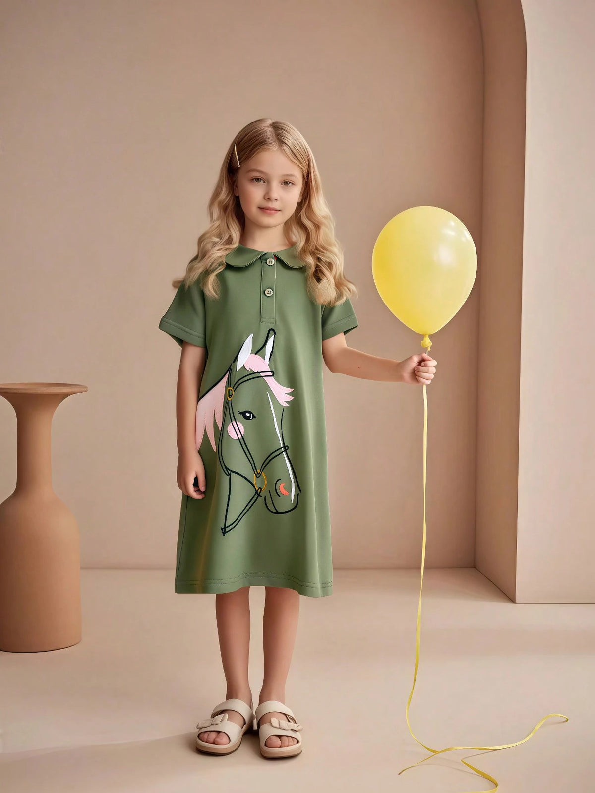 Fashionable Young Girls Polo Collar Cartoon Pony Embroidery Short Sleeve Dress